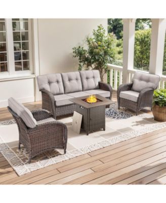 4 Piece Wicker Outdoor Furniture Set with Square Fire Pit Table, Outside Patio Deep Seating Conversation Set with 5-inch Thick Cushion