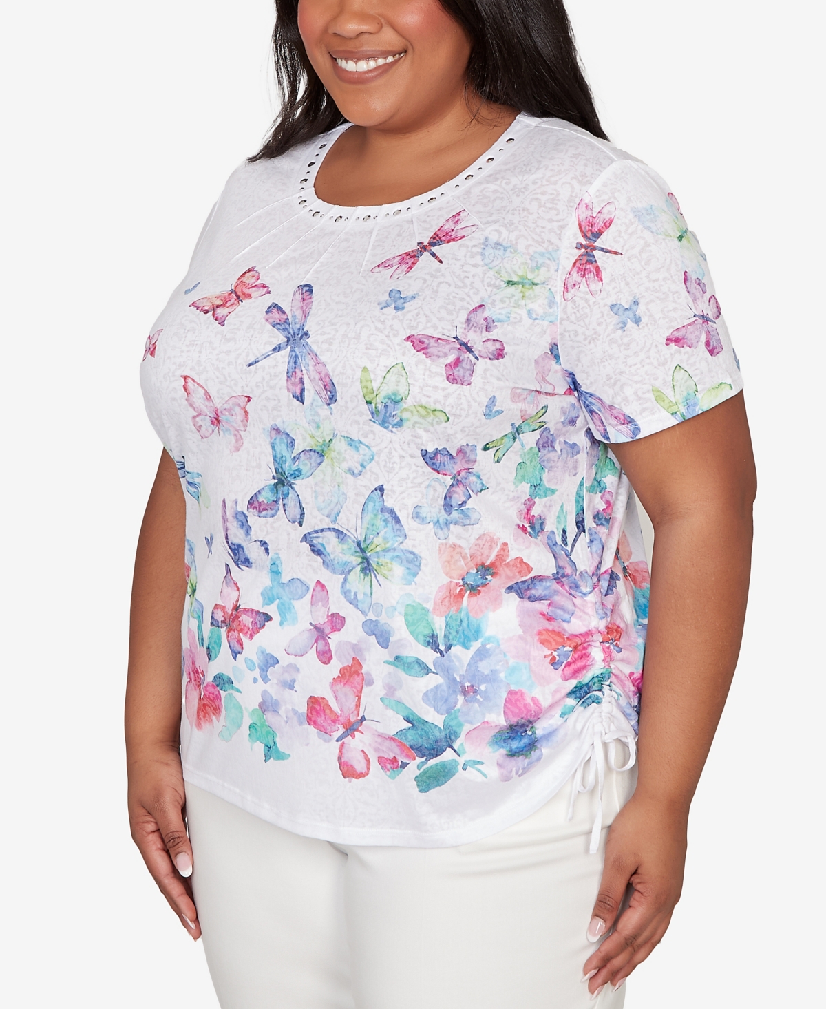 Alfred Dunner Plus Butterfly Beaded Side Tie Ruched T-Shirt