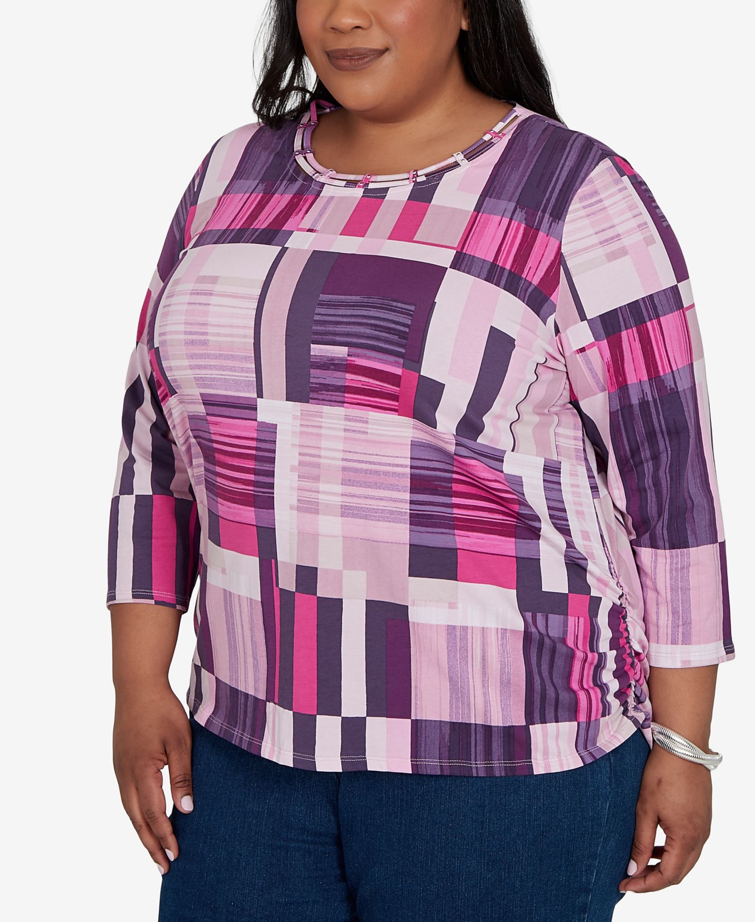 Plus Size Purple Bars Ruched Sides Top