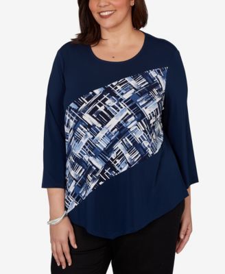 Plus Size Etched Plaid Diagonal Puff Printed Top