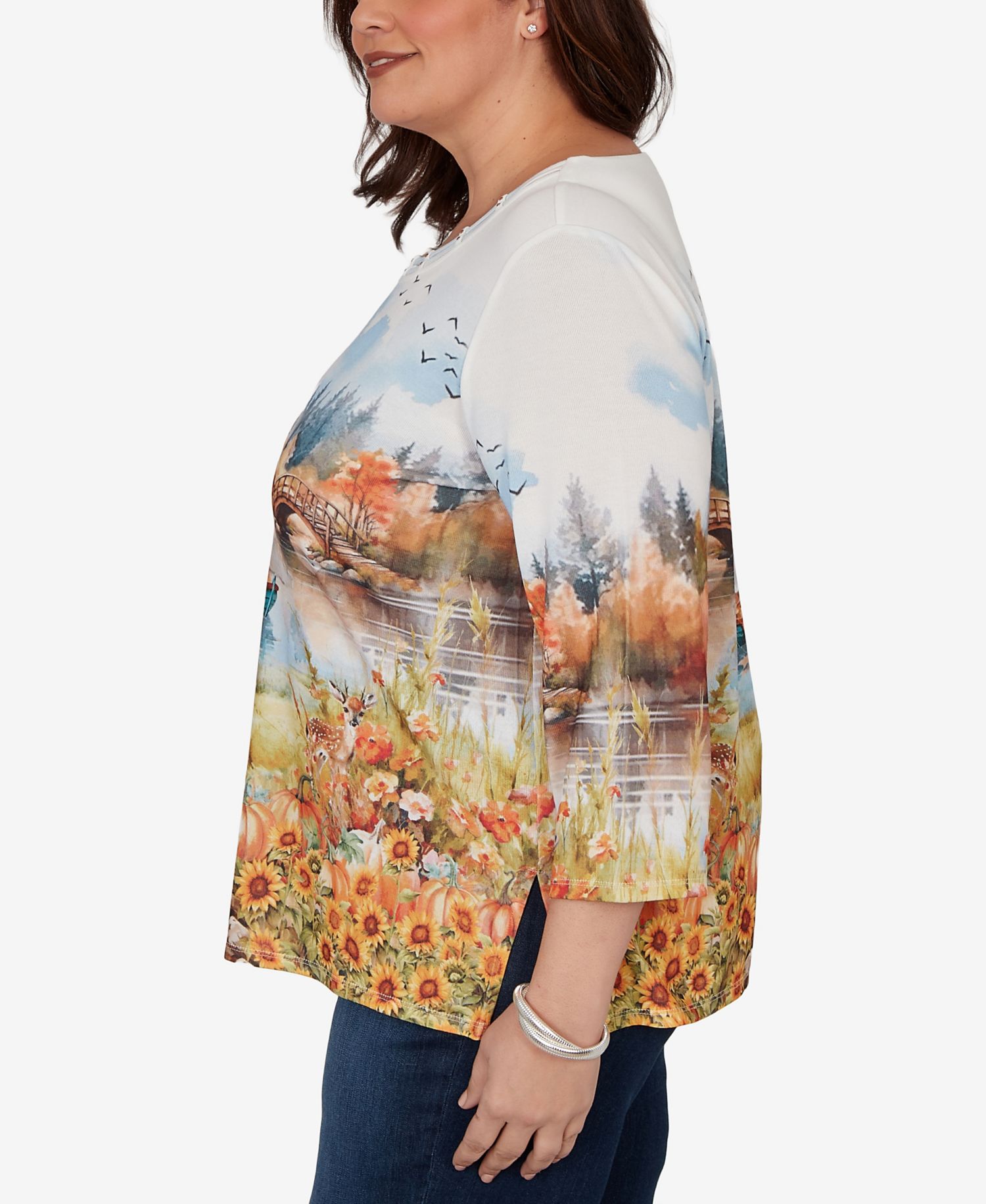 Plus Size Autumn Lake Scenic Print Top