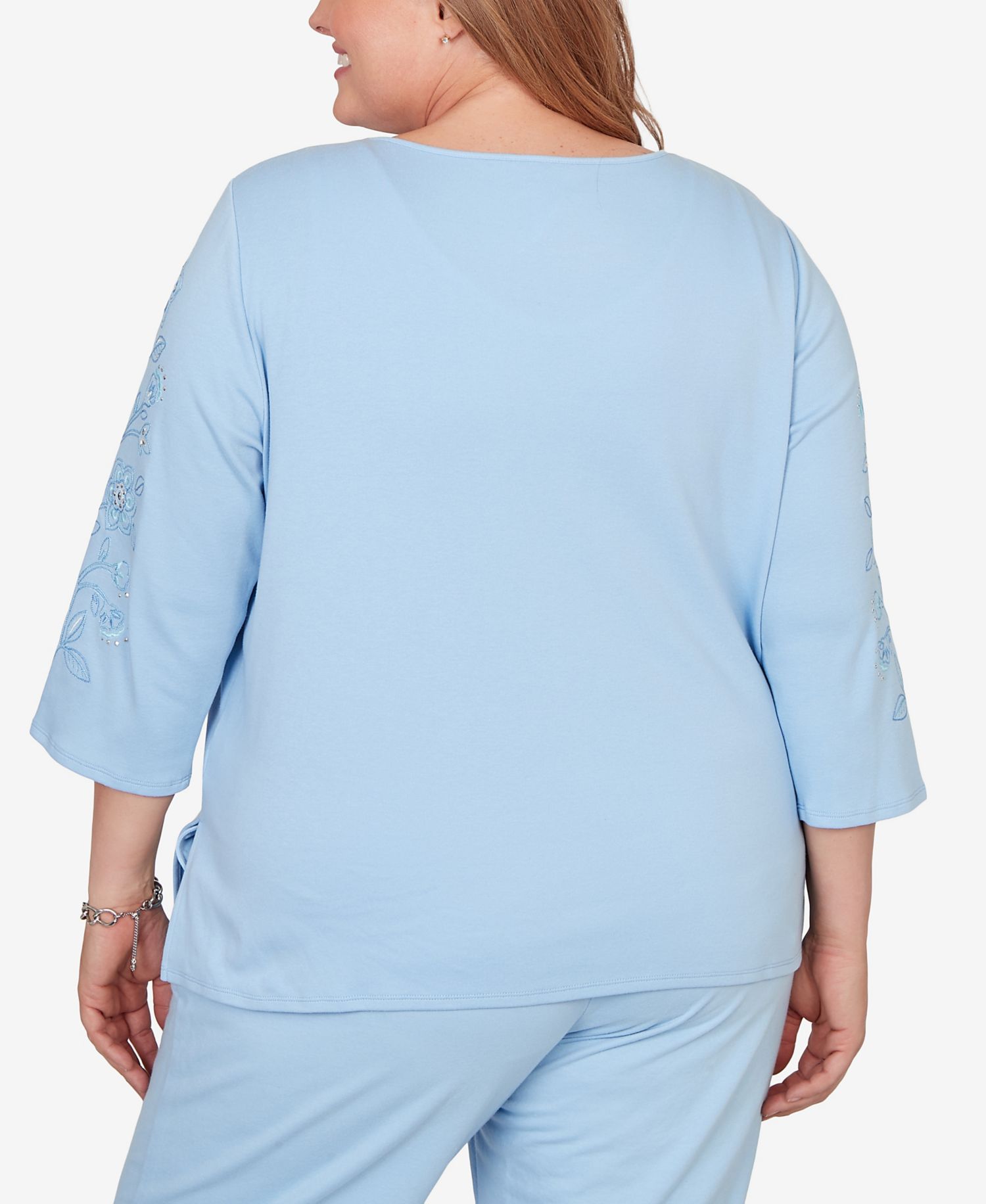 Plus Size Embroidered Floral-Sleeve Accent Top with Necklace