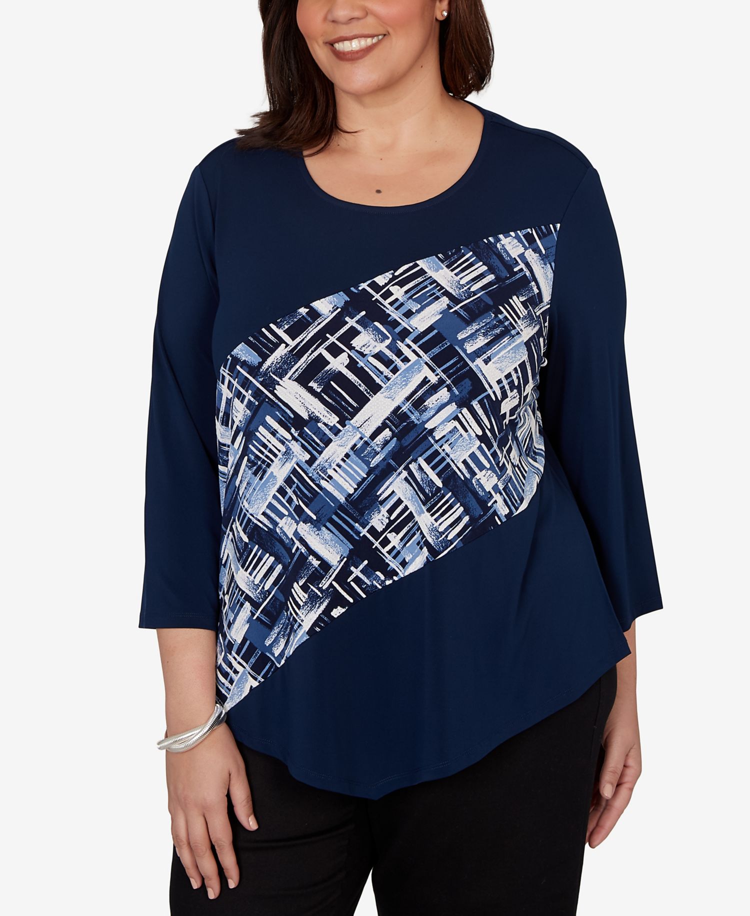 Plus Size Etched Plaid Diagonal Puff Printed Top