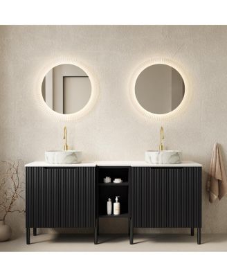 60 Inch Bathroom Vanity with Double Vessel Sinks, Sintered Stone Countertop, Soft Close Doors, Open Shelf Storage