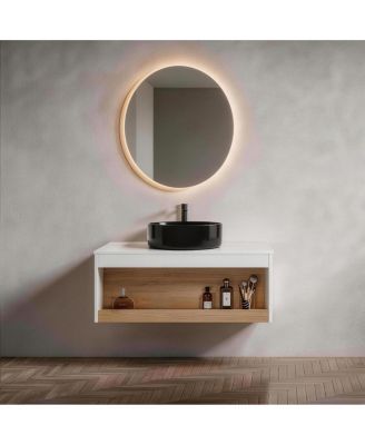 35.4 Inch Wall Mounted Bathroom Vanity with Marble Vessel Sink, Floating Plywood Cabinet, Open Storage for Small Spaces