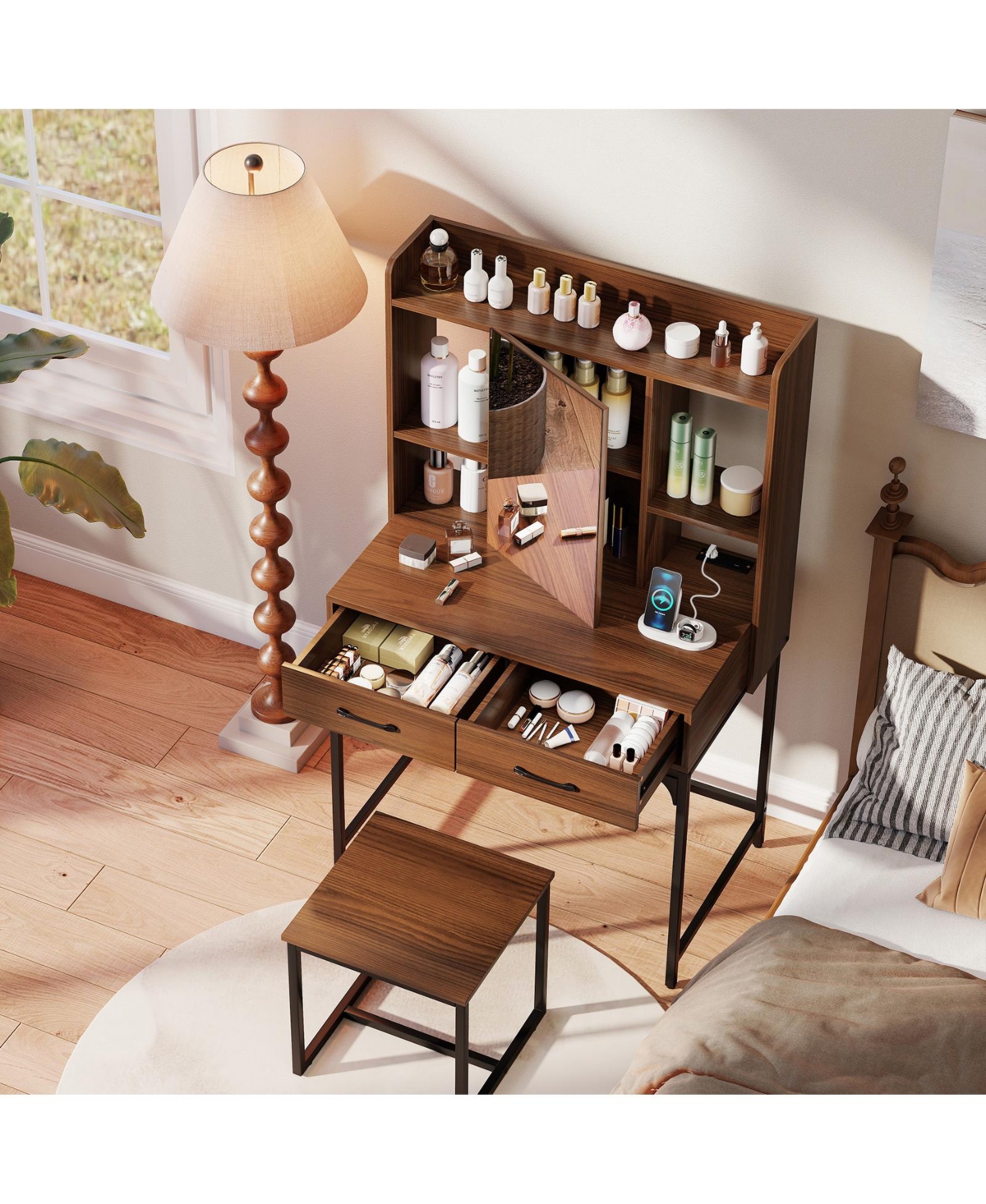 Volenca Vanity Desk with Storage Drawers, Charging Station, and Stool