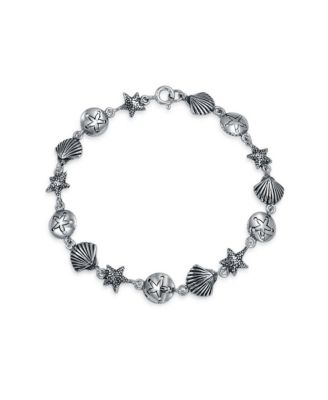 Beach Theme Nautical Multi Charm Sand Dollar Sea Shell Starfish Bracelet .925 Sterling Silver 7 inch
