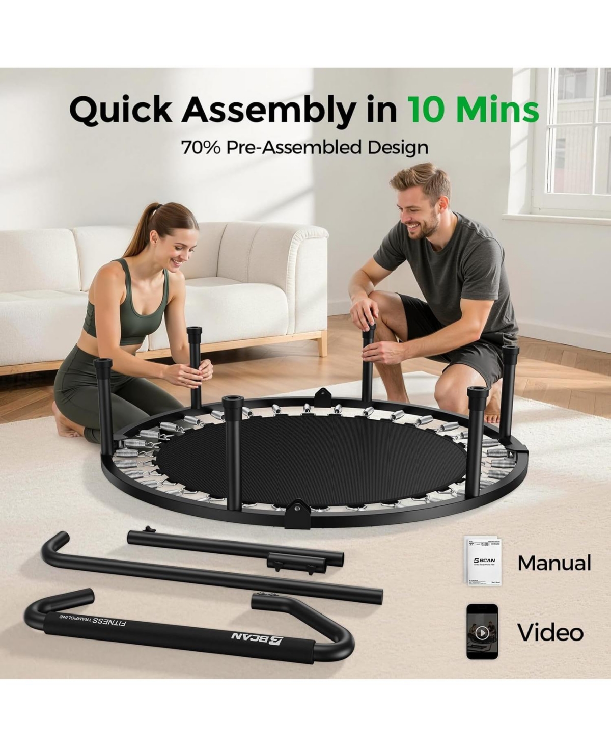 Bcan SP3 Foldable Mini Rebounder Trampoline with Adjustable T Shape Foam Handrail 40 Inch Indoor Garden Workout Trampoline for Adults 330LBS