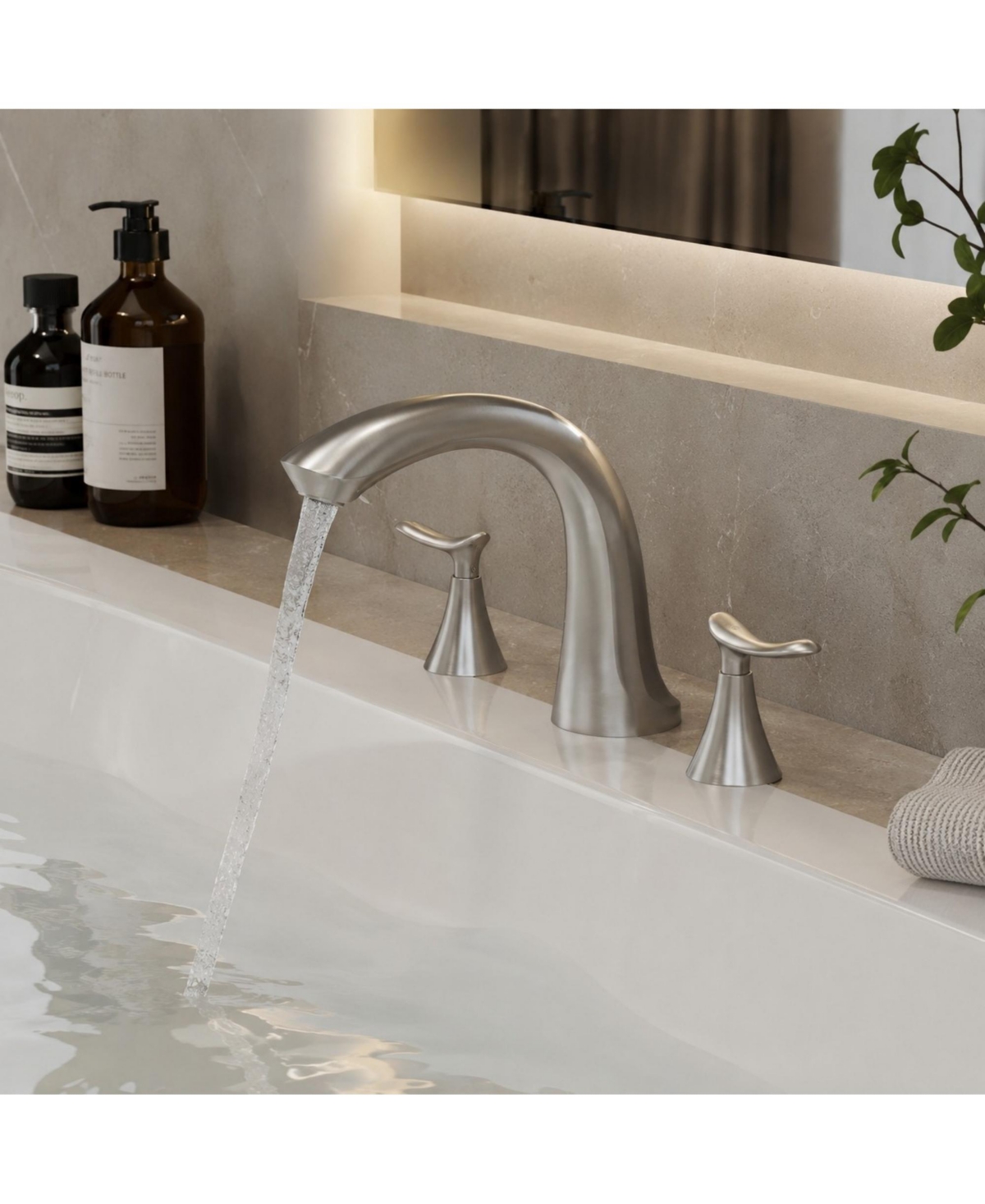 Phying Multipurpose Roman Tub Faucet Set Brushed Stainless Steel 3 Hole Deck Mount Gooseneck Waterfall Faucet
