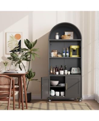 Arched Metal Bookcase with Wheels, Modern Display Shelf and Cabinet with Gold Handles and Glass Doors