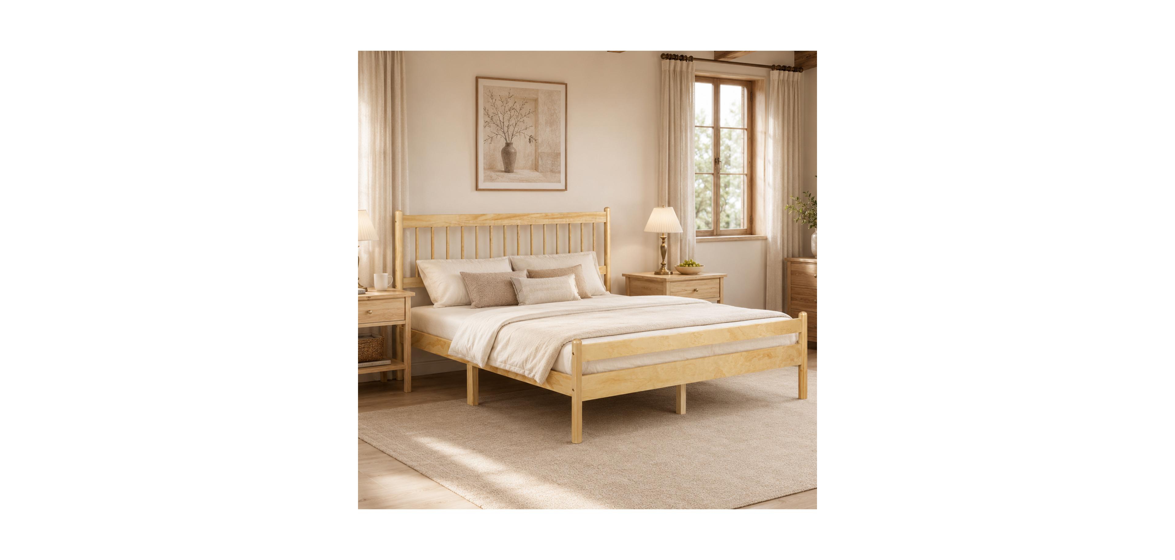 Rainsken Queen Size Bed Frame, with Headboard and Footboard, Pinewood Bed Frame, with Strengthened Bed Frame, No Box Spring