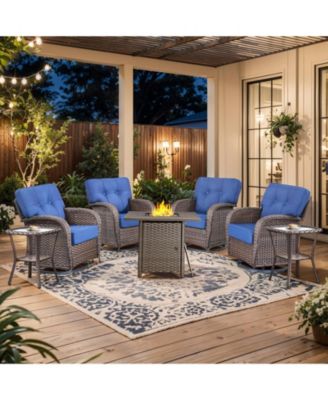 7Pcs Patio Rocking Swivel Chair with Square Fire Pit Table Outdoor Wicker Rattan Bistro Set with Tempered Glass Side Table