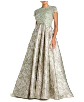 Women's Beaded Cap Sleeve Ball Gown with Metallic Brocade Skirt