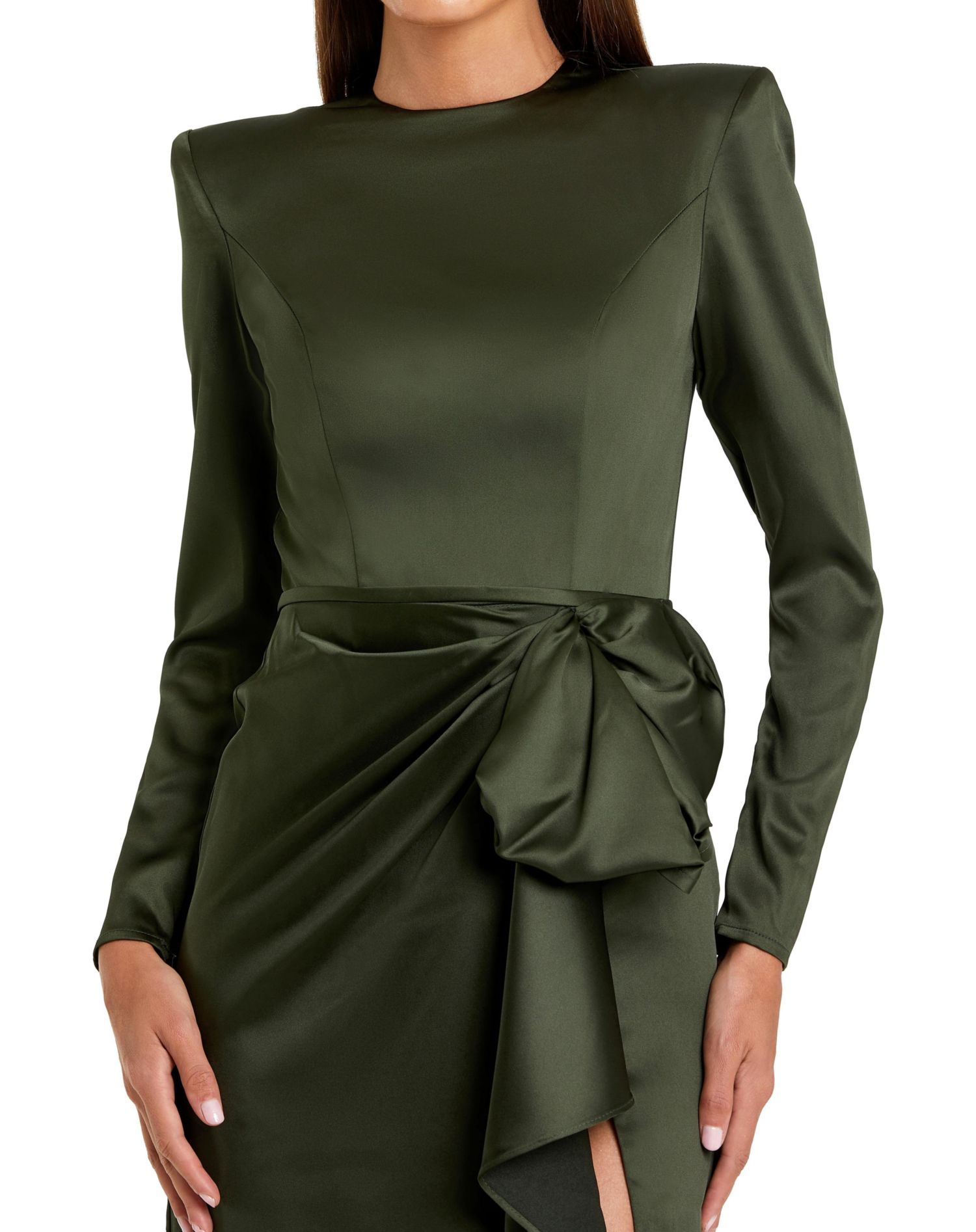Petite Long Sleeve Satin Structured Bow Draped Column Gown