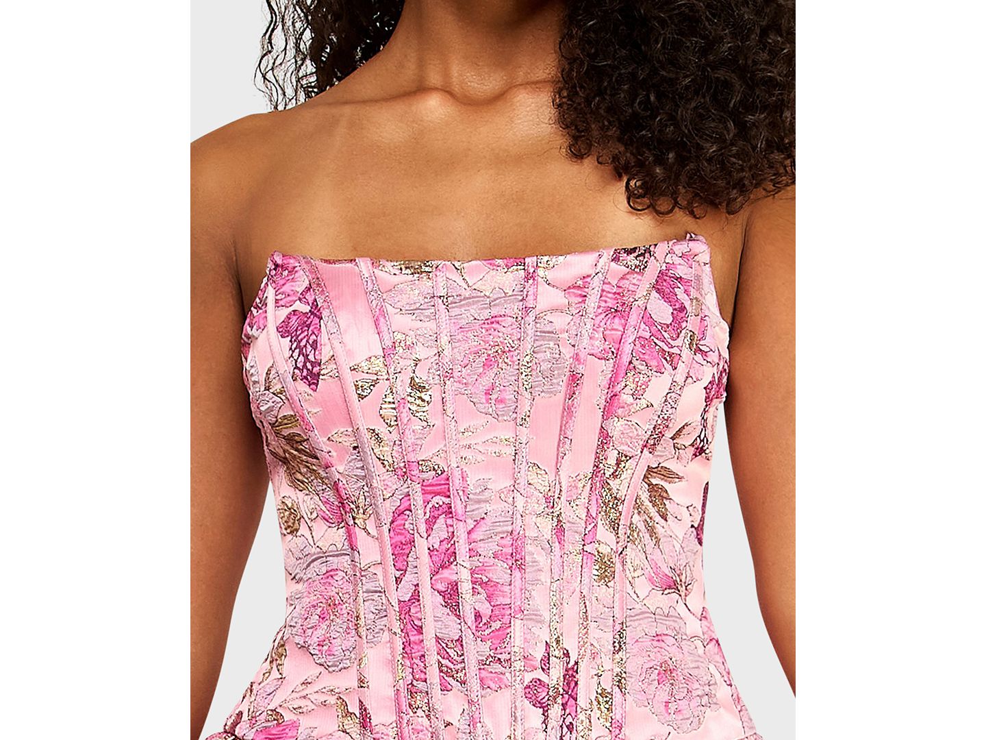 Женское платье Alex & Sophia Juniors' Strapless Corseted Jacquard Mini, цвет: Розовый / Золотой — фото 3