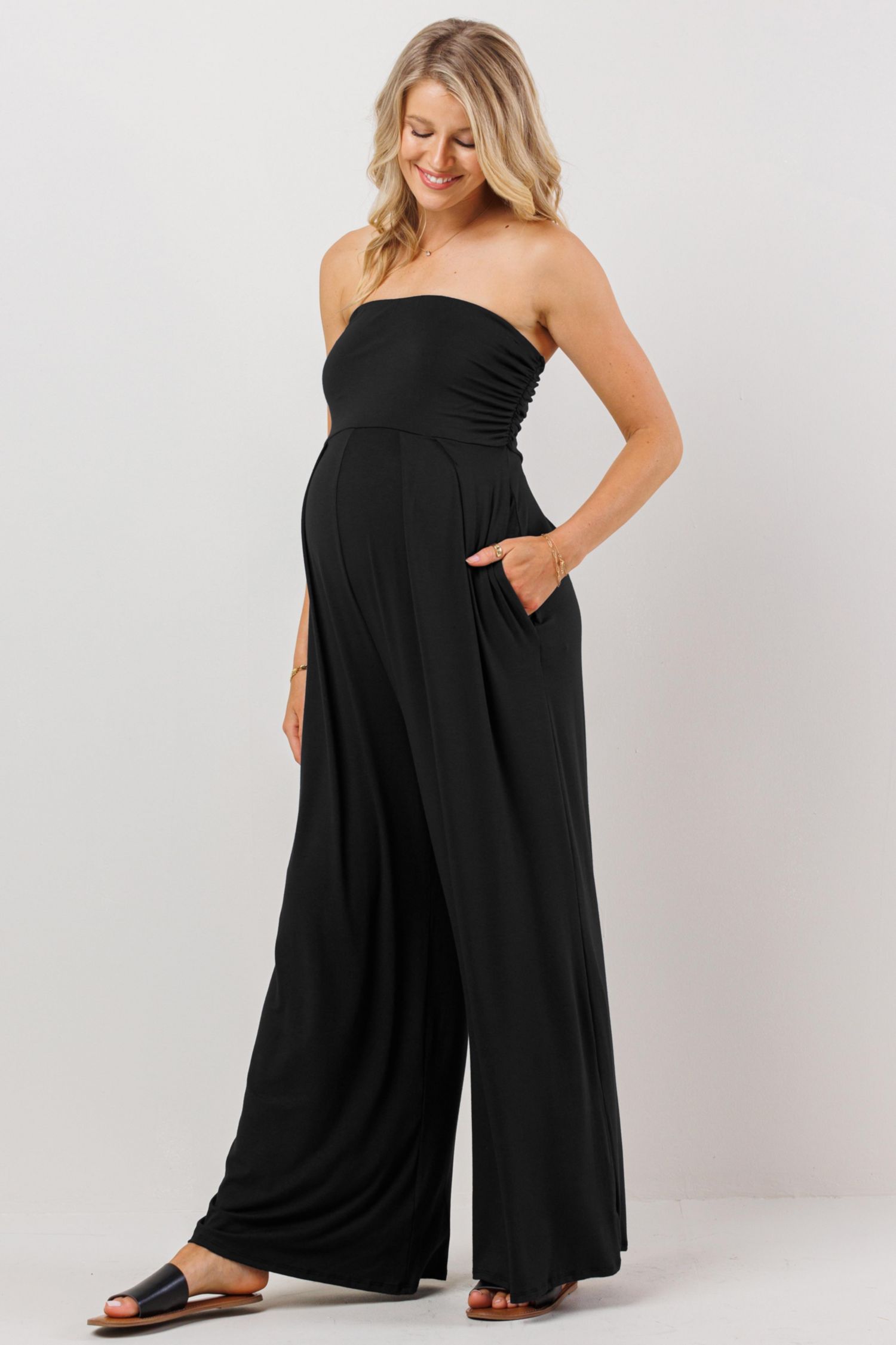 Women's Maternity Strapless Wide Leg Jumpsuit with Pockets