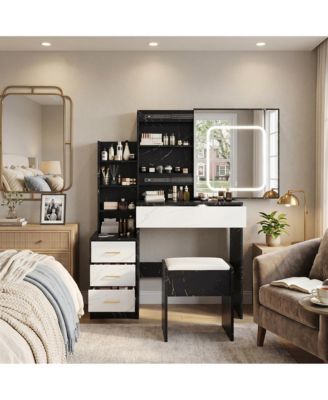 Modern Vanity Desk with Sliding LED Mirror, 4 Drawers, Storage Shelves, Power Outlet, Cushioned Stool, Bedroom Table with 3-Color Lighting