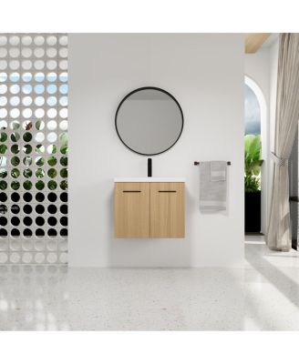 24 Inch Wall Mounted Bathroom Vanity Cabinet with Resin Sink Top, Soft Close Doors, Space Saving Design for Small Bathrooms