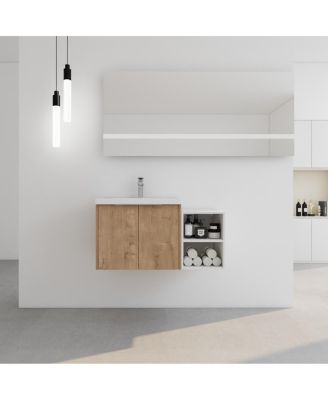 35.6 Inch Wall Mounted Bathroom Vanity with Resin Sink, Plywood Cabinet, Open Storage Shelves for Modern Bathrooms