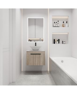 Wall Mounted Bathroom Vanity with Ceramic Vessel Sink, Stone Top, Soft Close Doors, Modern Handle Design