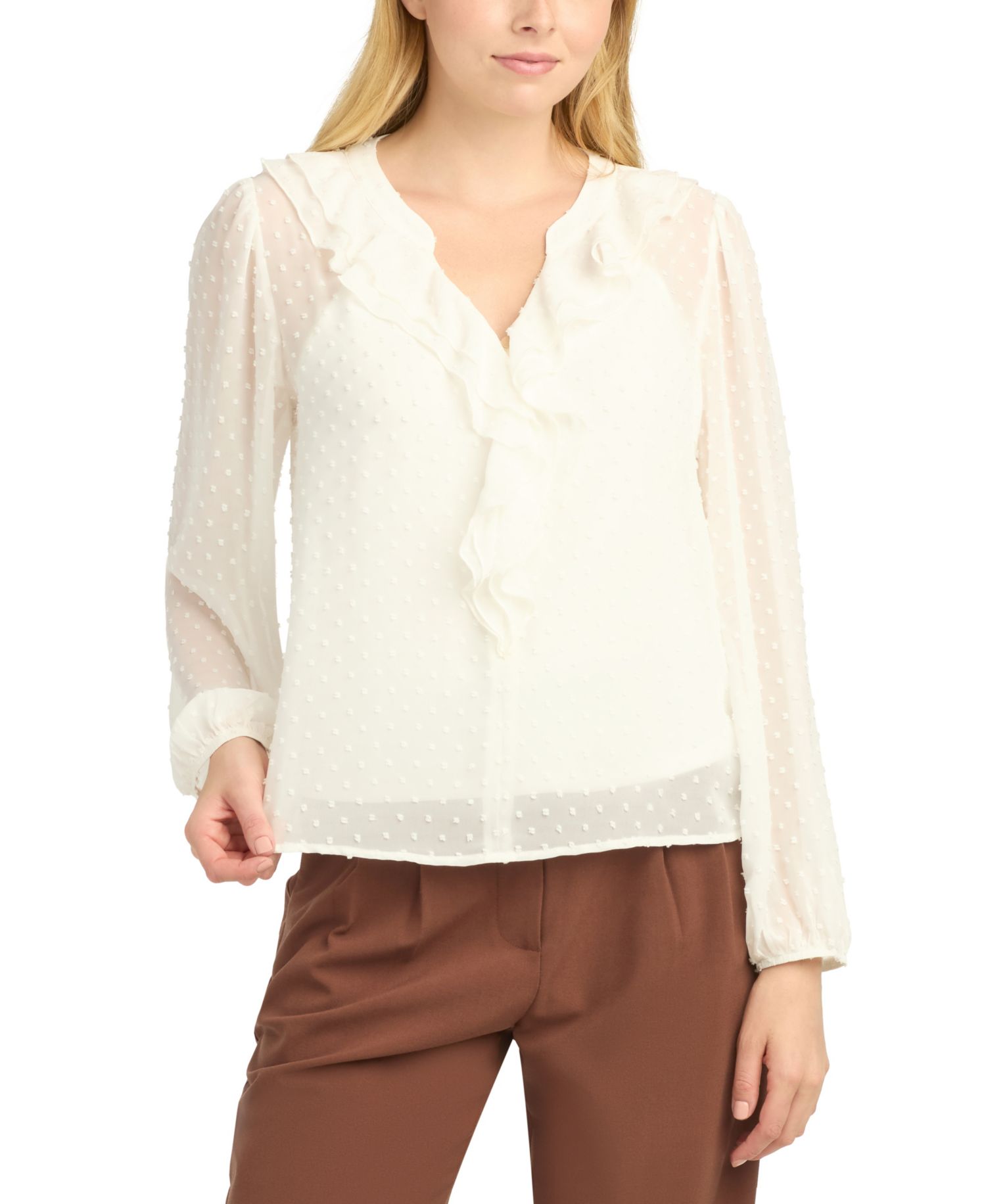 Juniors' Split V-Neck Ruffle Long-Sleeve Blouse
