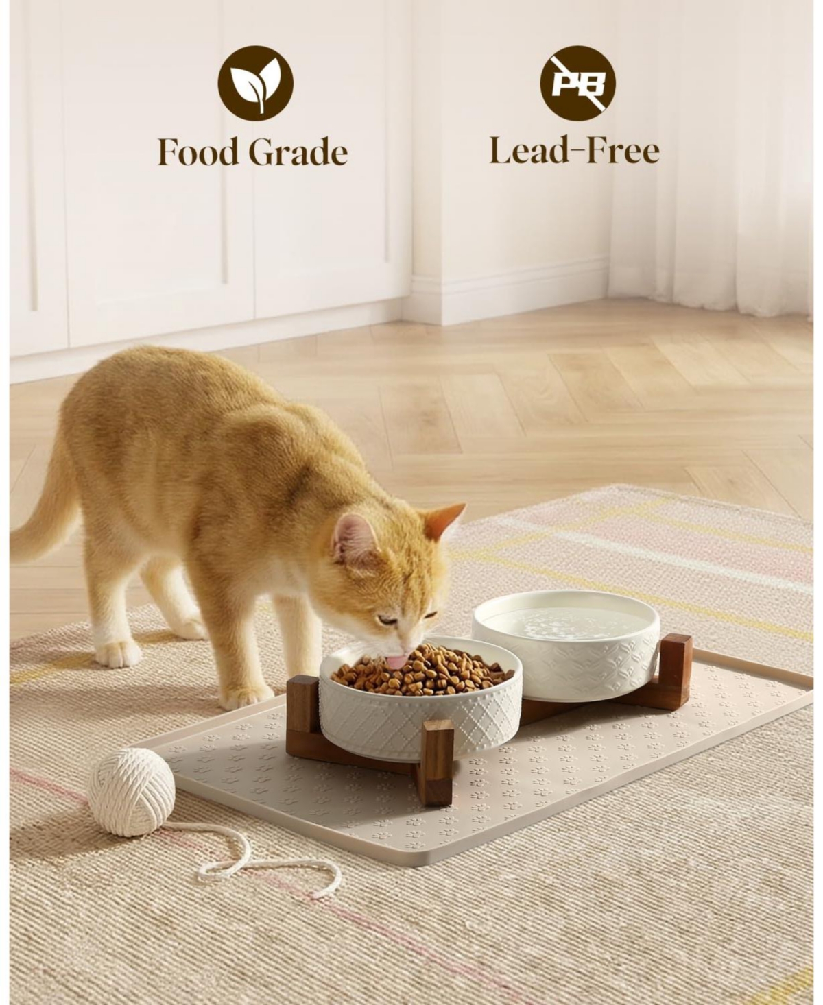 Aronkl Elevated Pet Feeder Set Ceramic Bowls Solid Wood Stand Silicone Mat Non Slip