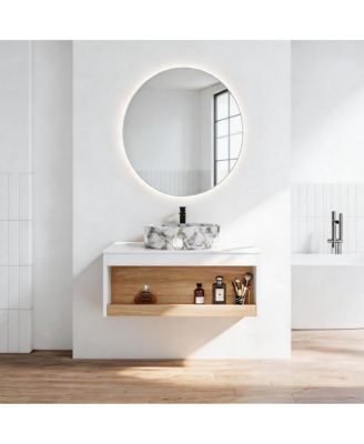 29.5 Inch Wall Mounted Bathroom Vanity with Marble Vessel Sink, Floating Plywood Cabinet, Open Storage for Small Spaces