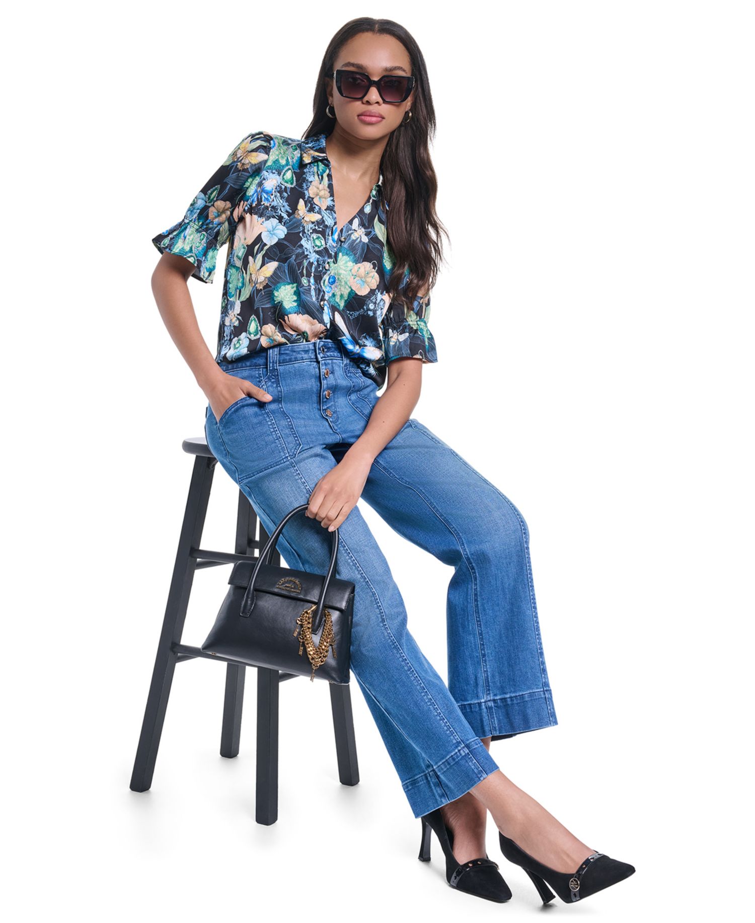 Petite Collared Printed Woven Top
