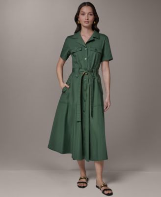 Women's Short-Sleeve Self-Belted Midi Shirt Dress
