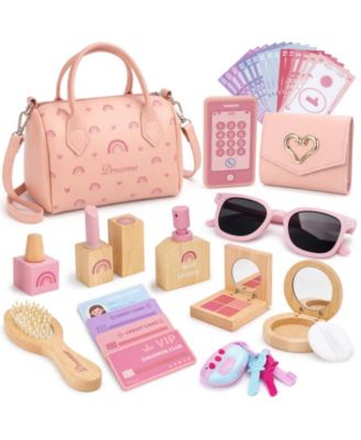 30PCS Play Purse Wooden Makeup Kit Handbag Phone Wallet Keys Princess Gift 3-6 Year Old