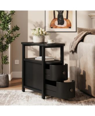 Solid Wood End Table with 2 Drawers and Open Shelf, No Assembly Required Side Table, Vintage Brown Slim Bedside Table Nightstand