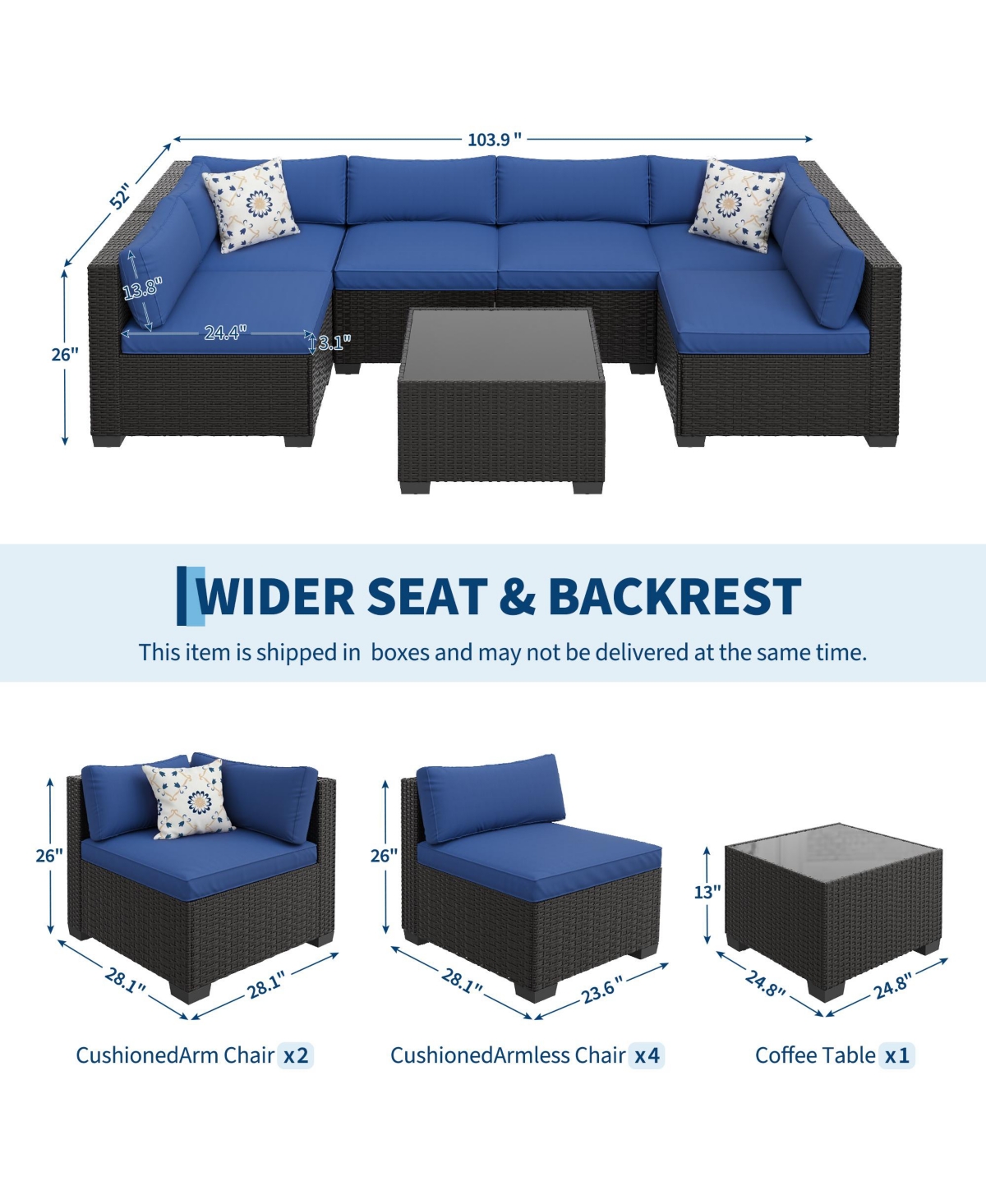 homfan 7-Piece Outdoor Sectional Set with Pe Rattan Wicker, Thick Cushions and Tempered Glass Coffee Table, Modular Patio Seating