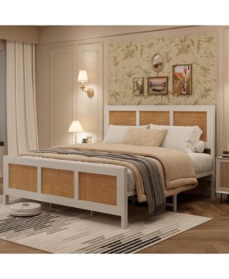 Easy Assembly Queen Size Bohemian Rattan Platform Bed Frame Space Saving, for Living Room, Guest Room