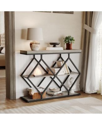 Farmhouse 3-Tier Console Table with Open Shelves, Geometric Metal Legs, Narrow Entryway Design for Hallway, Foyer, or Living Room.