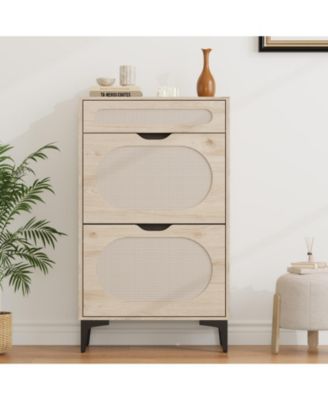 Slim Rattan Cabinet 2 Turn Over Drawers and 1 Pull-Out Drawer, Adjustable Shelves, Metal Legs, Entryway Storage for Small Spaces