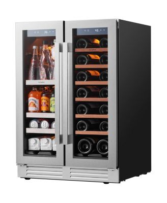 24-inch Wine and Beverage Refrigerator, 60 Can and 20 Bottle , Dual Zone French Doors, Stainless Steel, for Home Kitchen