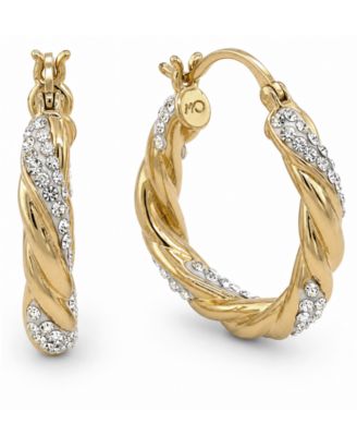 Clear Crystal Twisted Click Top Hoop Earring in Silver Plate or Gold Plate