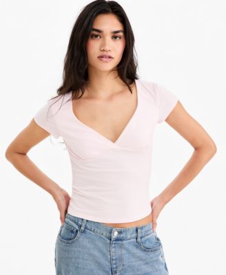 Juniors' Cap-Sleeve Surplice-Neck Top