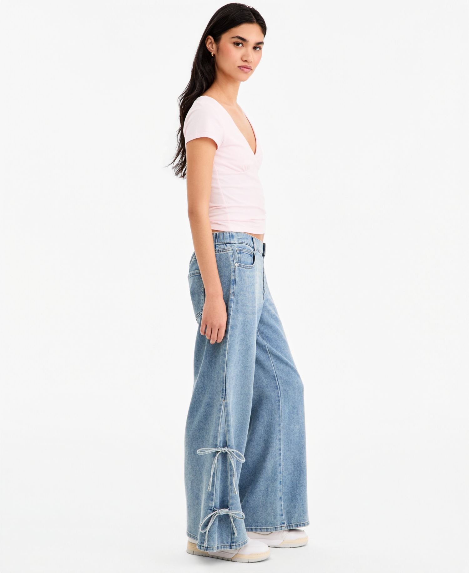 Juniors' Wide-Leg Elastic Back Side Tie Jeans
