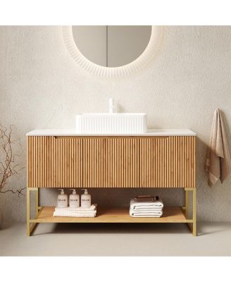 47.6 Inch Bathroom Vanity with Ceramic Basin, Carrara Sintered Stone Countertop, 3 Door Storage Cabinet and Open Shelf