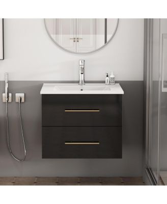 Wall Mounted Bathroom Vanity with Ceramic Sink, Double Drawers, Modern Glossy Cabinet for Small Spaces