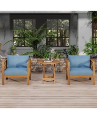 Outdoor 2 Piece Wood Conversation Set Teak Finish Acacia Wood Armchairs Cushions Foldable Side Table
