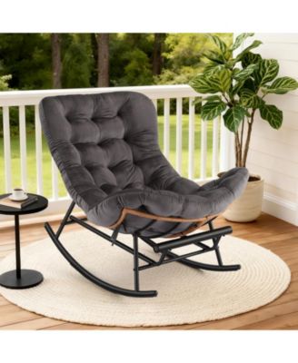 Oversized Papasan Rocking Footstool – Extendable Footrest, Thick Removable Cushion, Sturdy Metal Frame – Comfortable Wicker Patio Stool
