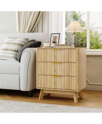3-Drawer Fluted Nightstand with Metal Handles, Bedside Table and End Table for Bedroom and Living Room