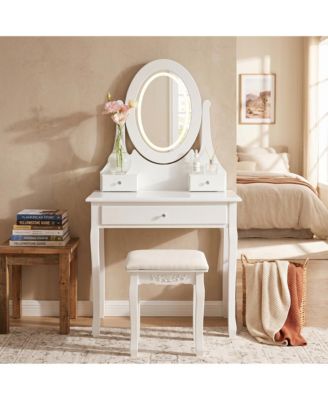 Modern Vanity Desk with LED Lighted Oval Mirror, 3 Lighting Modes, Cushioned Stool, 3 Storage Drawers, Dressing Table Set for Bedroom