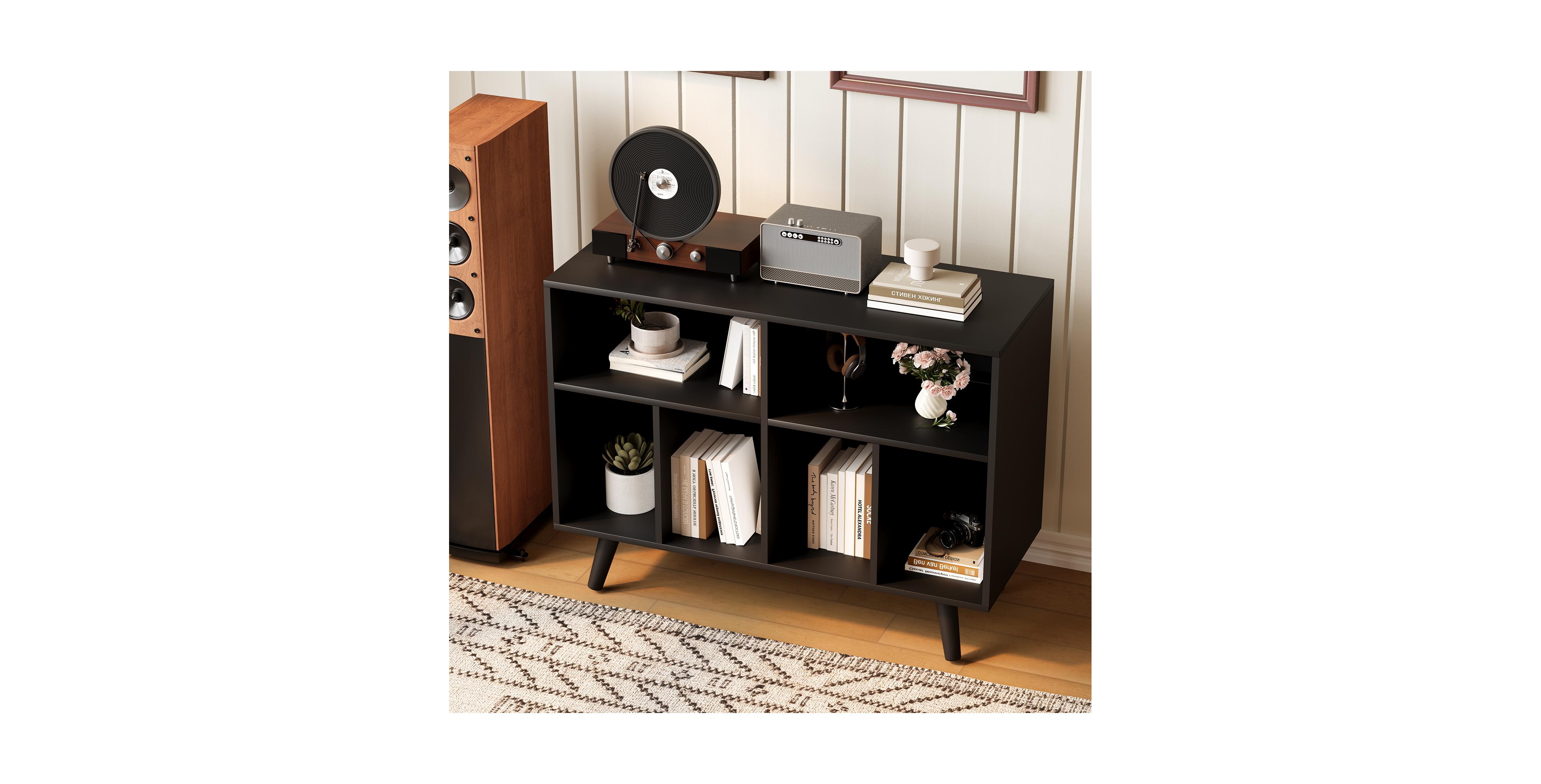 gaomon Modern Wooden Record Player Stand with Storage, Built in Charging Station and Open Shelves for Living Room, Bedroom and Office