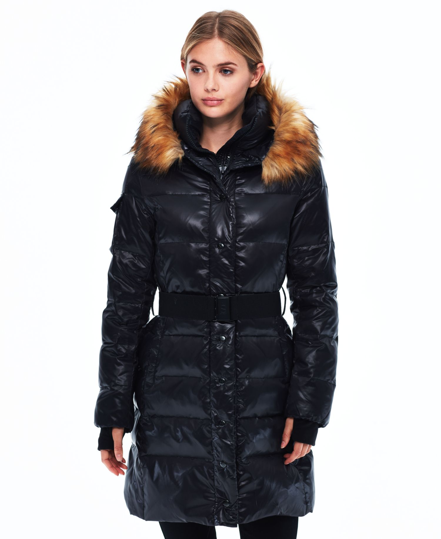 Women's Faux-Fur Hooded Belted Shine Puffer Coat