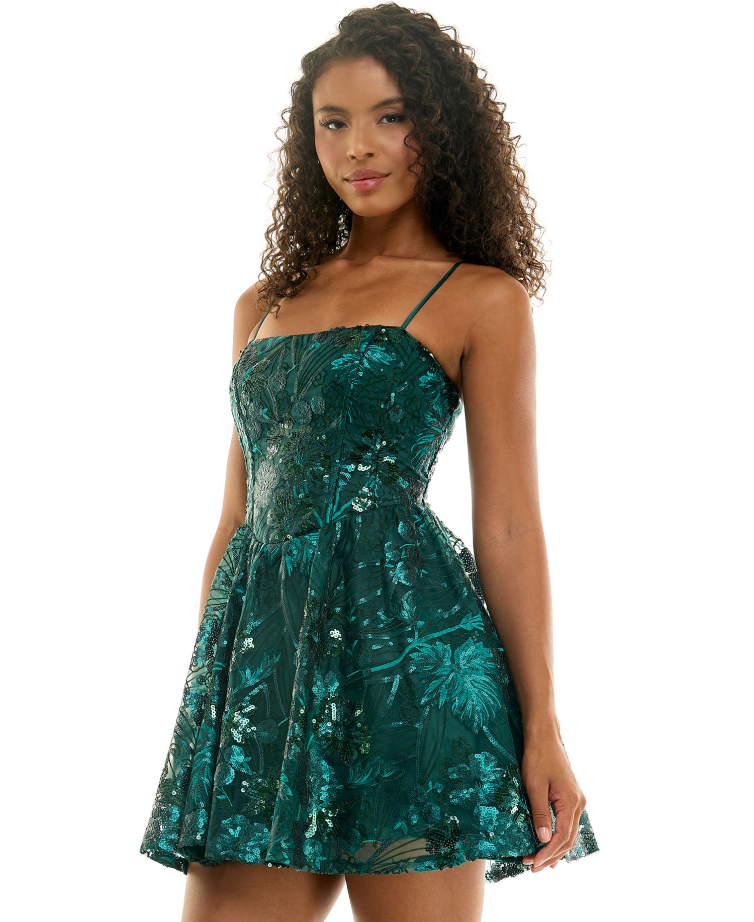 Juniors' Straight Neck Embroidered Sequin Fit & Flare Mini Dress