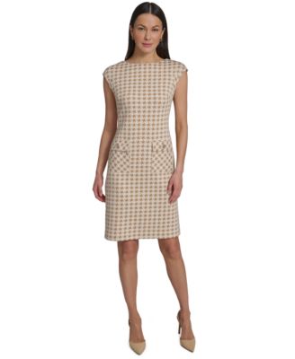 Women's Cap-Sleeve Pixelated Houndstooth Pocket Sheath Dress