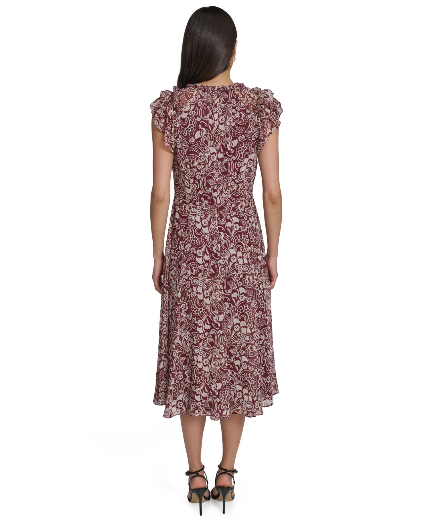 Women's Flutter-Sleeve Tie Neck Chiffon Midi Dress